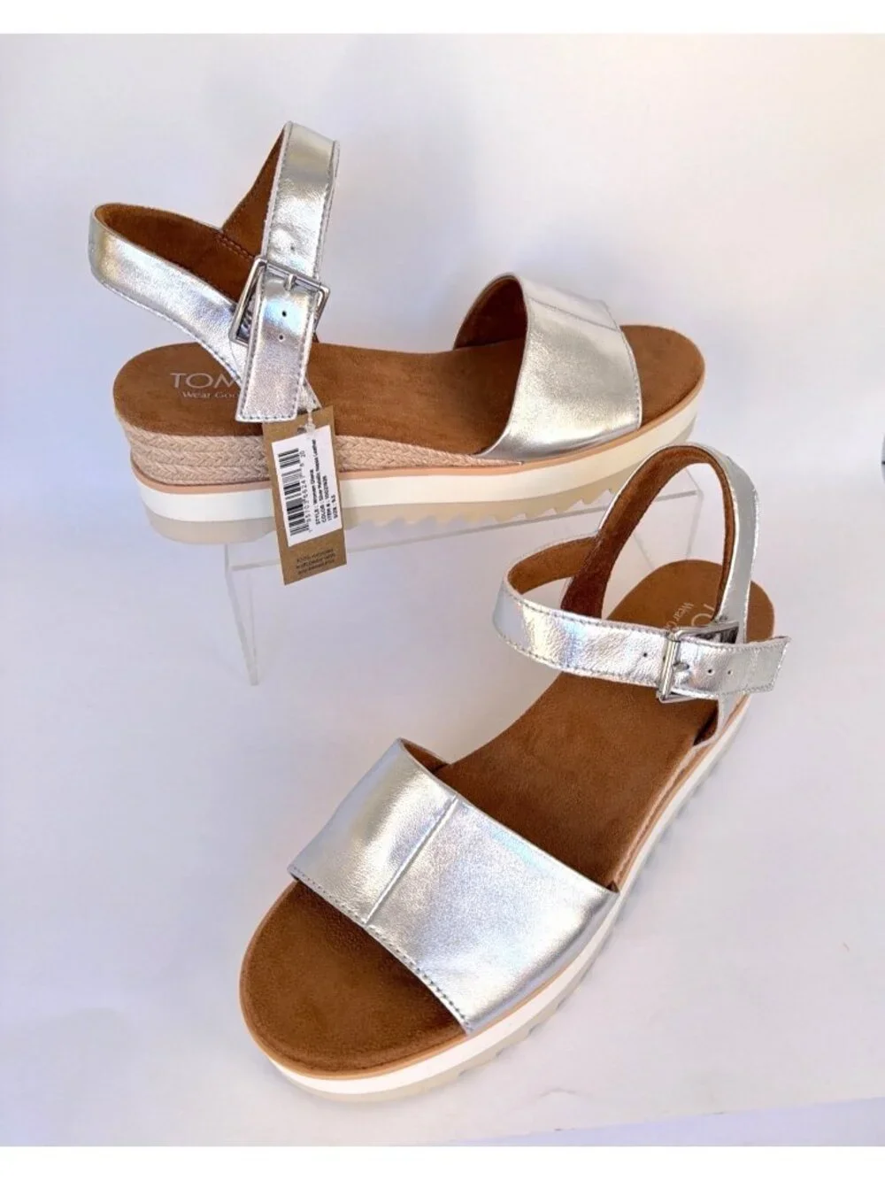 TOMS Diana Platform Wedge Sandals Silver Metallic Nappa Leather Women Size 9.5